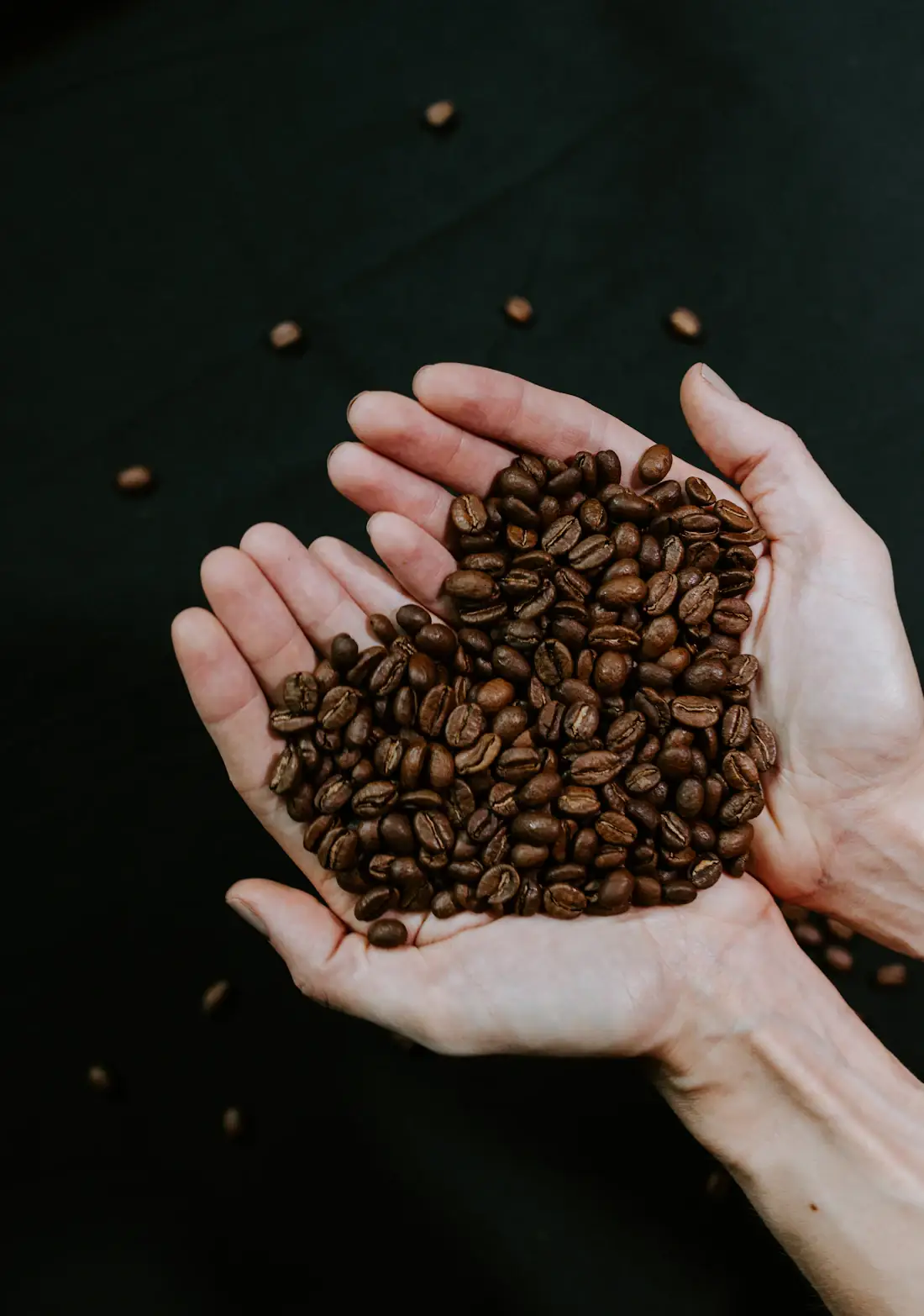 Manos sosteniendo granos de café tostado formando un corazón